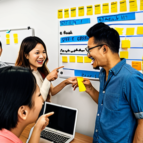 Home 11 **
A diverse group of people gathered around a whiteboard covered in sticky notes with Vietnamese script. Some are smiling and pointing, others are typing on laptops. The overall atmosphere is collaborative and focused on customer feedback. The scene suggests a design sprint or brainstorming session centered around user input.
**