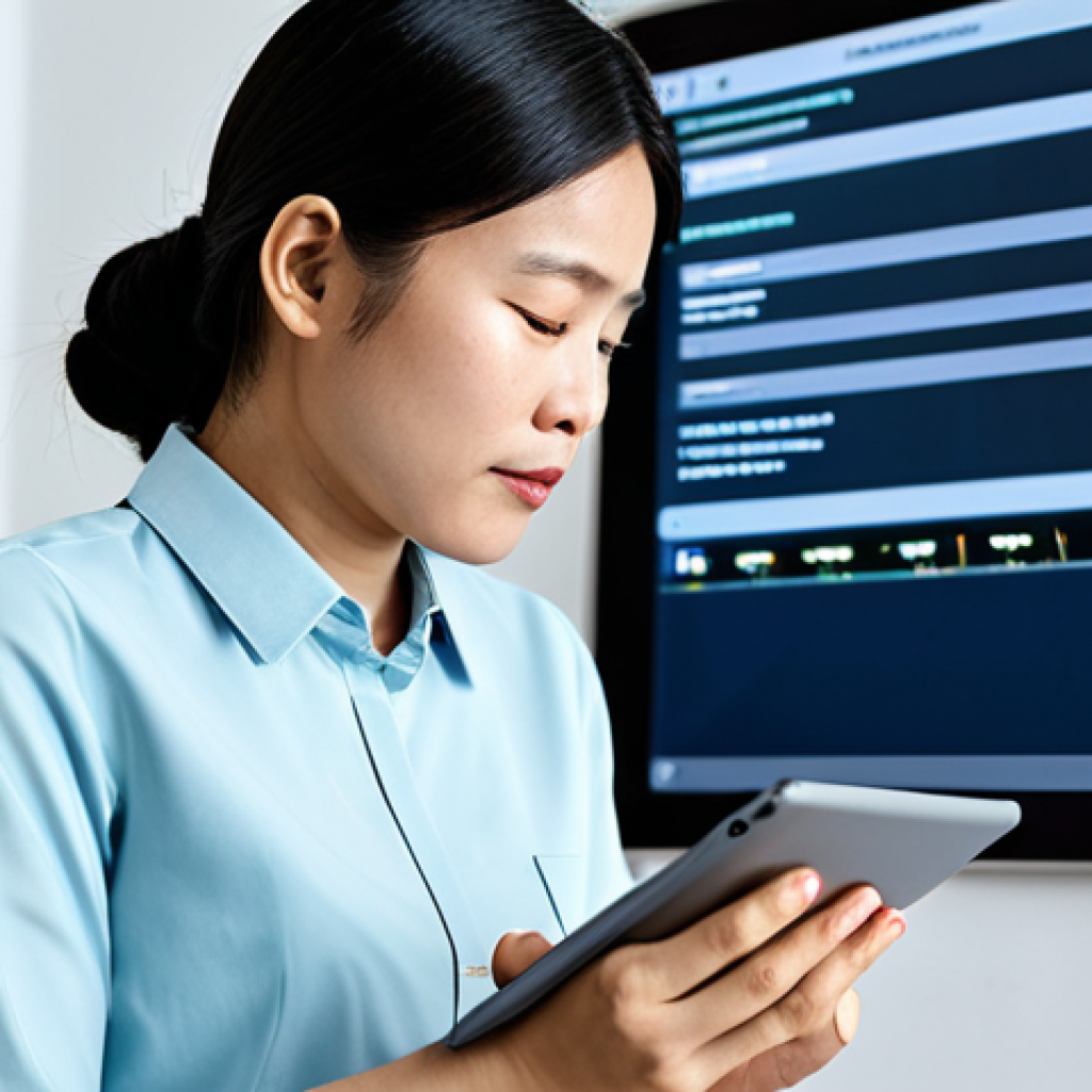 A professional UX writer, mid-career, wearing modest business casual attire, thoughtfully observing a digital banking application on a tablet. Her expression shows deep concentration, refining every word for clarity. The tablet screen displays a clean, user-friendly interface with clearly legible Vietnamese text elements. The setting is a bright, minimalist office with soft, diffused lighting. Perfect anatomy, correct proportions, natural pose, well-formed hands, proper finger count. Professional photography, high-resolution, sharp focus. Fully clothed, appropriate attire, modest clothing, safe for work, appropriate content, professional.
