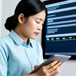 A professional UX writer, mid-career, wearing modest business casual attire, thoughtfully observing a digital banking application on a tablet. Her expression shows deep concentration, refining every word for clarity. The tablet screen displays a clean, user-friendly interface with clearly legible Vietnamese text elements. The setting is a bright, minimalist office with soft, diffused lighting. Perfect anatomy, correct proportions, natural pose, well-formed hands, proper finger count. Professional photography, high-resolution, sharp focus. Fully clothed, appropriate attire, modest clothing, safe for work, appropriate content, professional.