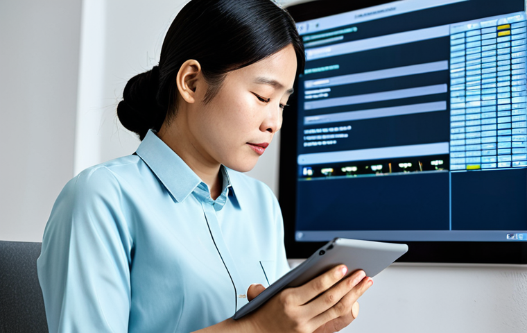 A professional UX writer, mid-career, wearing modest business casual attire, thoughtfully observing a digital banking application on a tablet. Her expression shows deep concentration, refining every word for clarity. The tablet screen displays a clean, user-friendly interface with clearly legible Vietnamese text elements. The setting is a bright, minimalist office with soft, diffused lighting. Perfect anatomy, correct proportions, natural pose, well-formed hands, proper finger count. Professional photography, high-resolution, sharp focus. Fully clothed, appropriate attire, modest clothing, safe for work, appropriate content, professional.