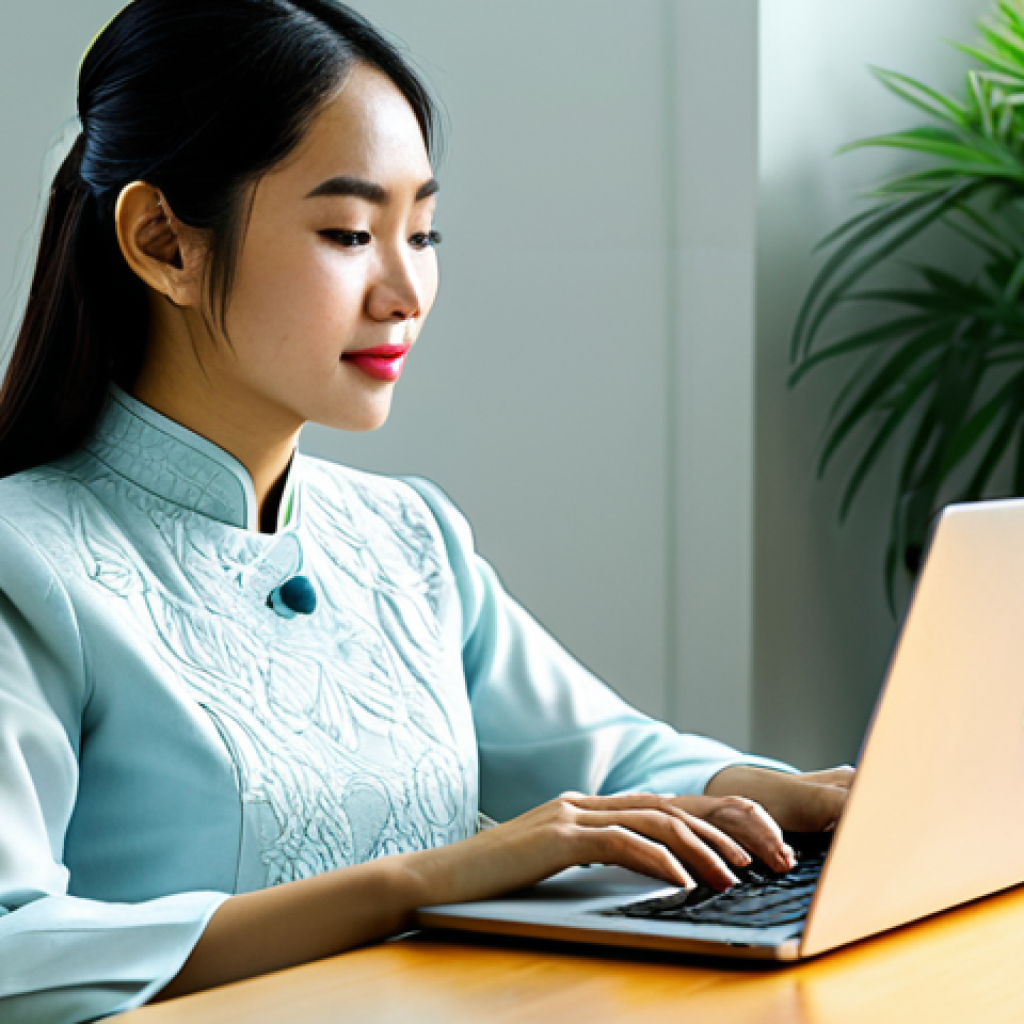 UX 라이팅의 에세이  커뮤니케이션 효율성 - **

"A young Vietnamese professional woman in a modern, fully clothed Ao Dai, working on a laptop at...