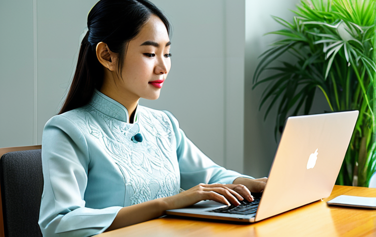 UX 라이팅의 에세이 커뮤니케이션 효율성 - **
"A young Vietnamese professional woman in a modern, fully clothed Ao Dai, working on a laptop at...