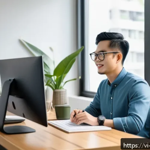 Home 28 UX 라이팅의 미래 인공지능과의 융합 가능성 - A modern Vietnamese UX writer working at a sleek, minimalist home office desk with dual monitors dis...