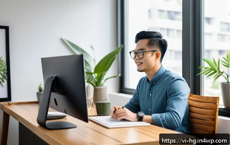 UX 라이팅의 미래 인공지능과의 융합 가능성 - A modern Vietnamese UX writer working at a sleek, minimalist home office desk with dual monitors dis...
