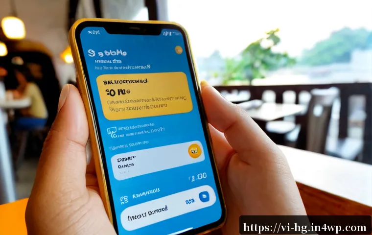 UX 라이팅에서의 대화형 요소 작성법 - Photorealistic close-up of a Vietnamese woman using a smartphone banking app at a bright café in Ho ...